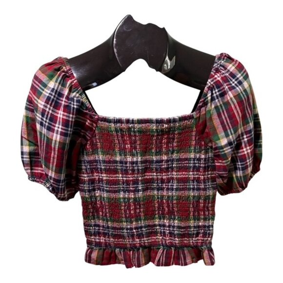 American Eagle Plaid Smocked Puff-Sleeve Crop Top XS Red Navy Green NWT - Picture 1 of 5